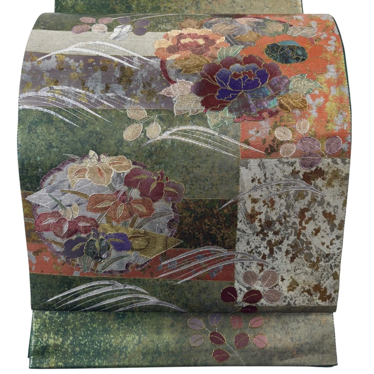 袋帯 名品 雪輪 草花 金銀彩 箔 緑 お太鼓柄 正絹 【中古】