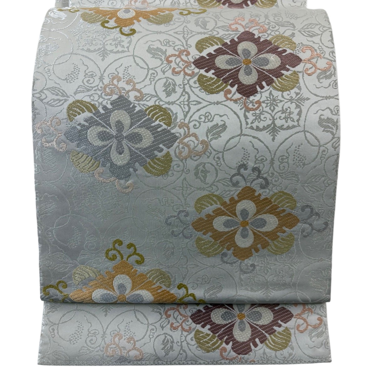 【美品】 袋帯 名品 花唐草 唐織 灰白 六通 正絹 【中古】