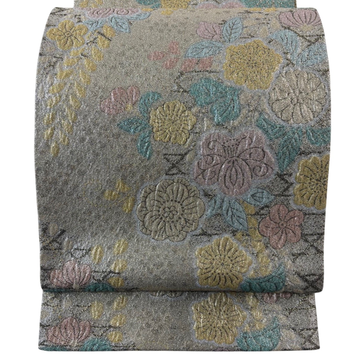 【美品】 袋帯 名品 辻が花柄 箔 銀色 六通 正絹 【中古】