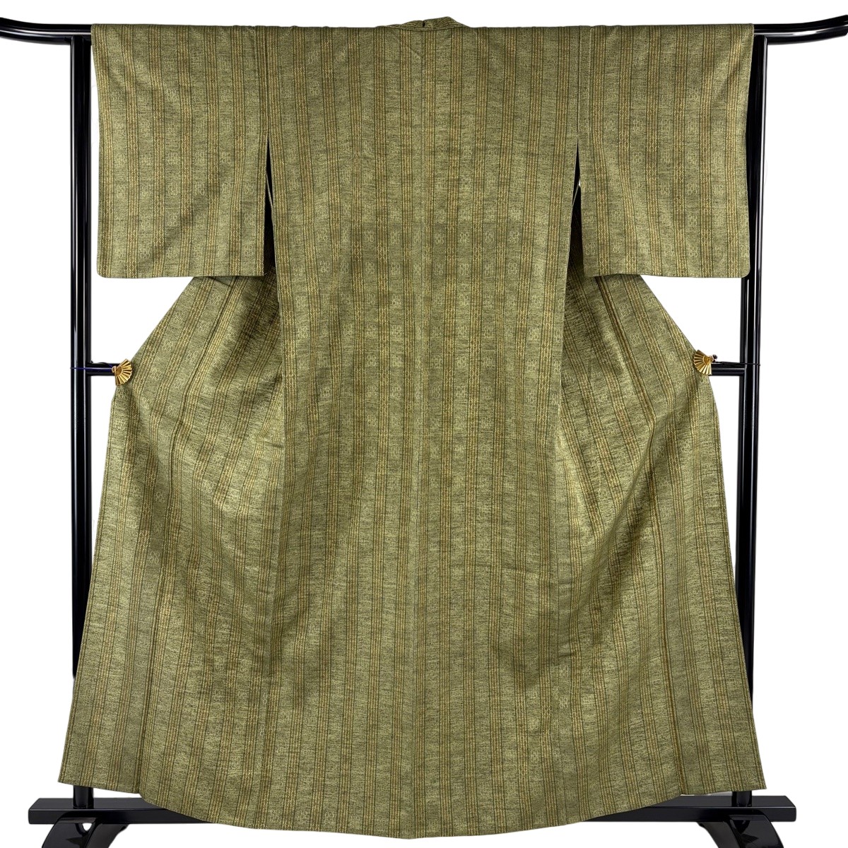 【美品】 紬 身丈160cm 裄丈63cm S 単衣 縦縞 幾何学模様 よもぎ色 正絹 名品 【中古】 msp30