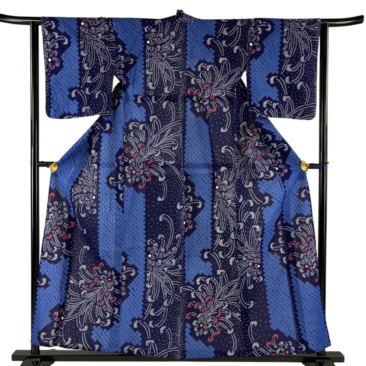 浴衣 身丈157cm 裄丈62.5cm S 絞り浴衣 草花 紺色 綿 名品 【中古】