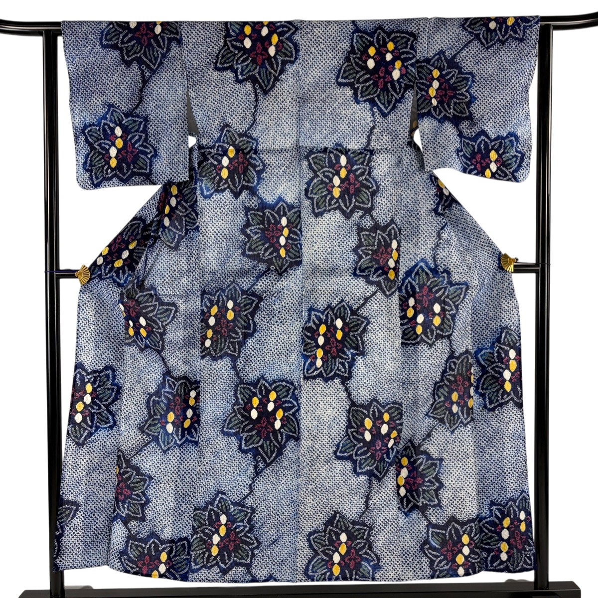 浴衣 身丈153cm 裄丈63cm S 絞り浴衣 草花 絞り 紺色 綿 名品 【中古】