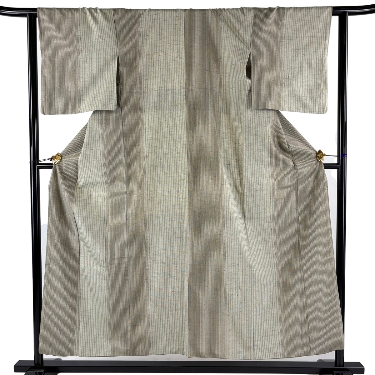 【美品】 紬 身丈155cm 裄丈63.5cm S 袷 縞 灰緑 正絹 名品 【中古】