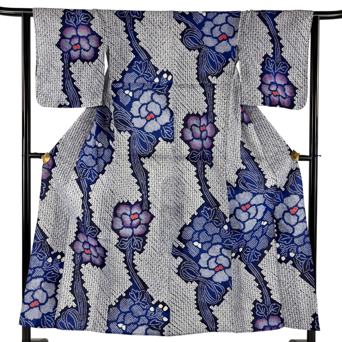 浴衣 身丈152cm 裄丈64cm M 絞り浴衣 草花 リボン 絞り 青 綿 名品 【中古】