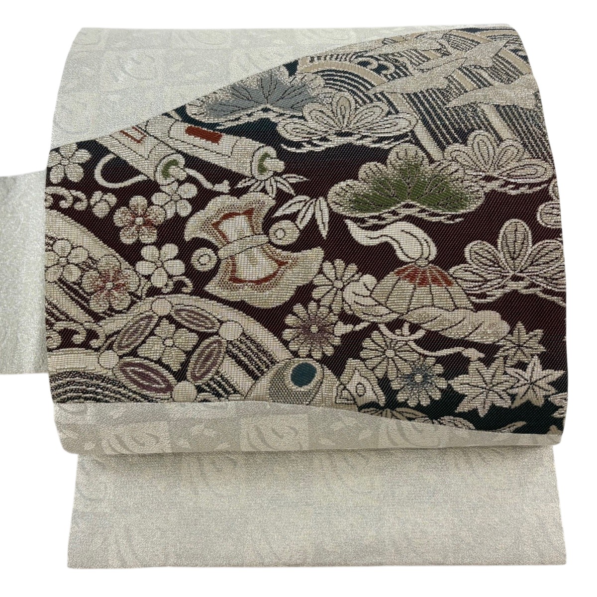 【美品】 名古屋帯 逸品 宝尽くし 松竹梅 銀糸 灰色 正絹 【中古】