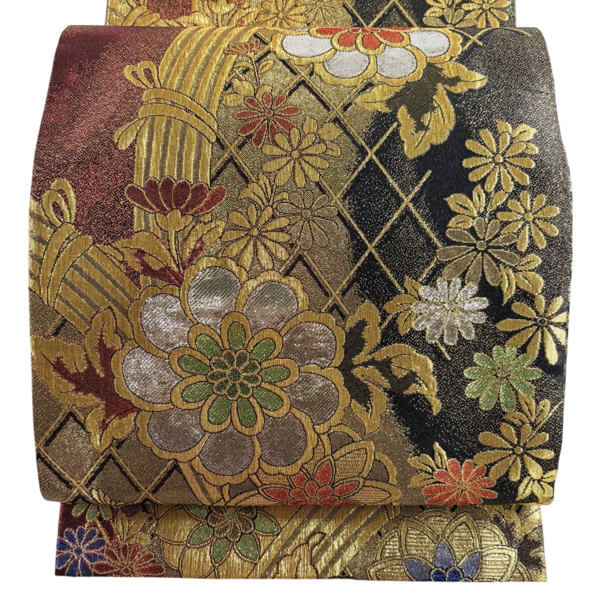 【美品】 袋帯 秀品 振袖向き 花 光悦垣 金糸 箔 金色 六通 正絹 【中古】