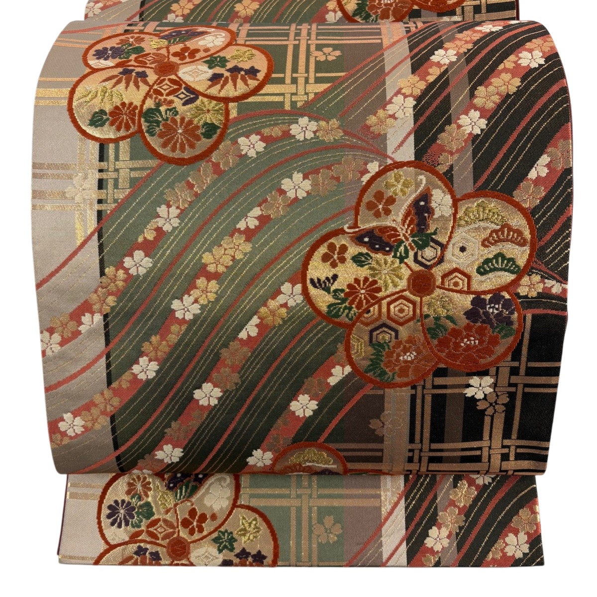 【美品】 袋帯 秀品 ねじ梅 桜 金糸 箔 薄茶色 六通 正絹 【中古】 の商品写真