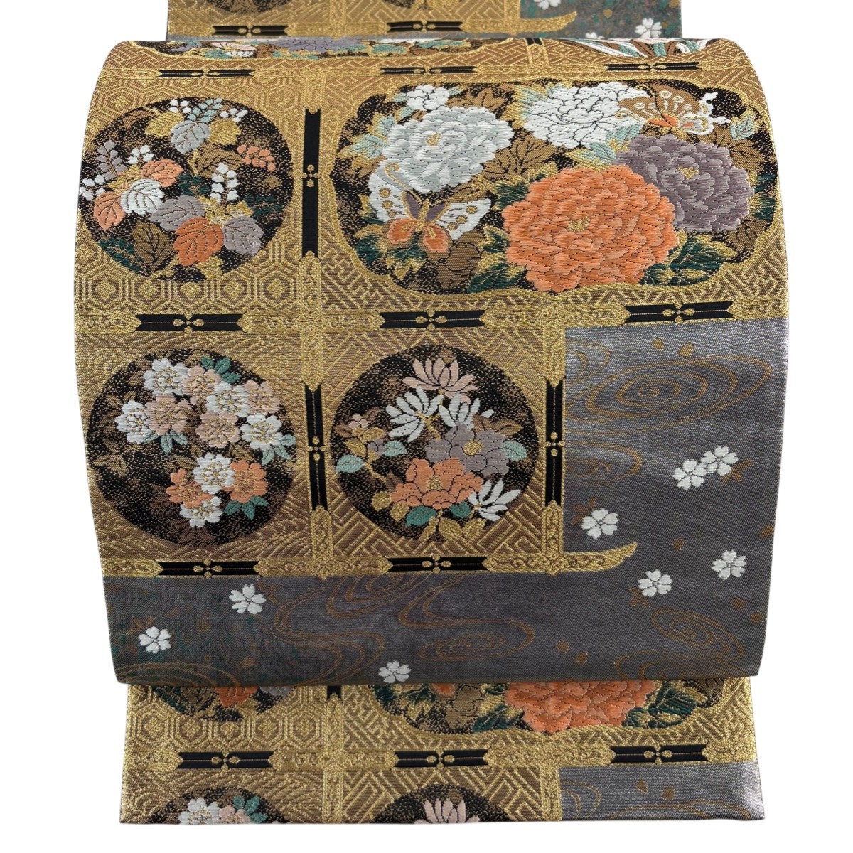 【美品】 袋帯 秀品 草花 蝶 金糸 刺繍 金色 六通 正絹 【中古】