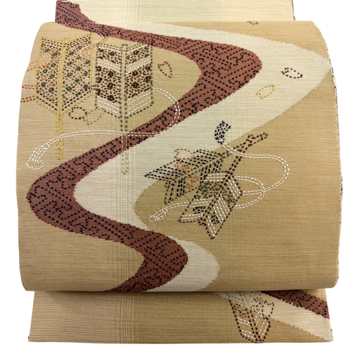 【美品】 袋帯 秀品 矢羽 霞 刺し子刺繍 山吹茶色 お太鼓柄 正絹 【中古】