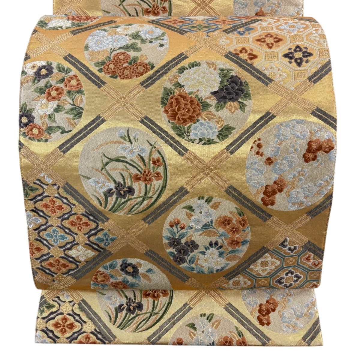 【美品】 袋帯 秀品 格天井 草花 箔 金色 六通 正絹 【中古】
