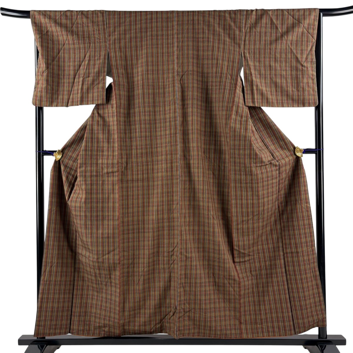 紬 身丈157.5cm 裄丈67cm M 袷 格子 赤茶 正絹 秀品 【中古】