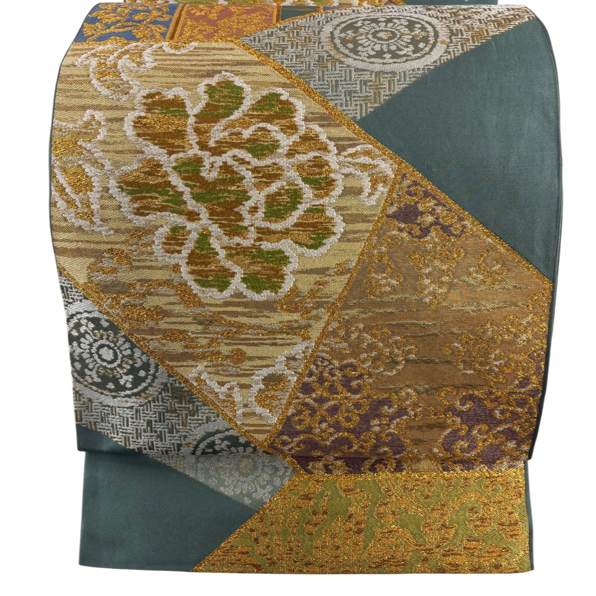 【美品】 袋帯 名品 川島織物 落款あり 草花 花唐草 金糸 箔 灰緑 六通 正絹 【中古】