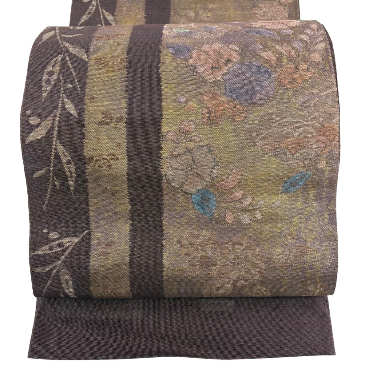 袋帯 名品 証紙あり 草花 箔 茶紫 お太鼓柄 正絹 【中古】