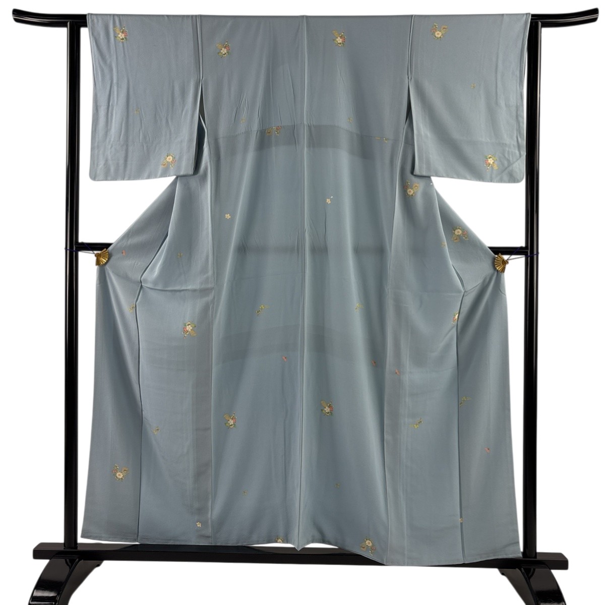小紋 身丈157.5cm 裄丈62.5cm S 袷 草花 扇 金彩 水色 正絹 秀品 【中古】