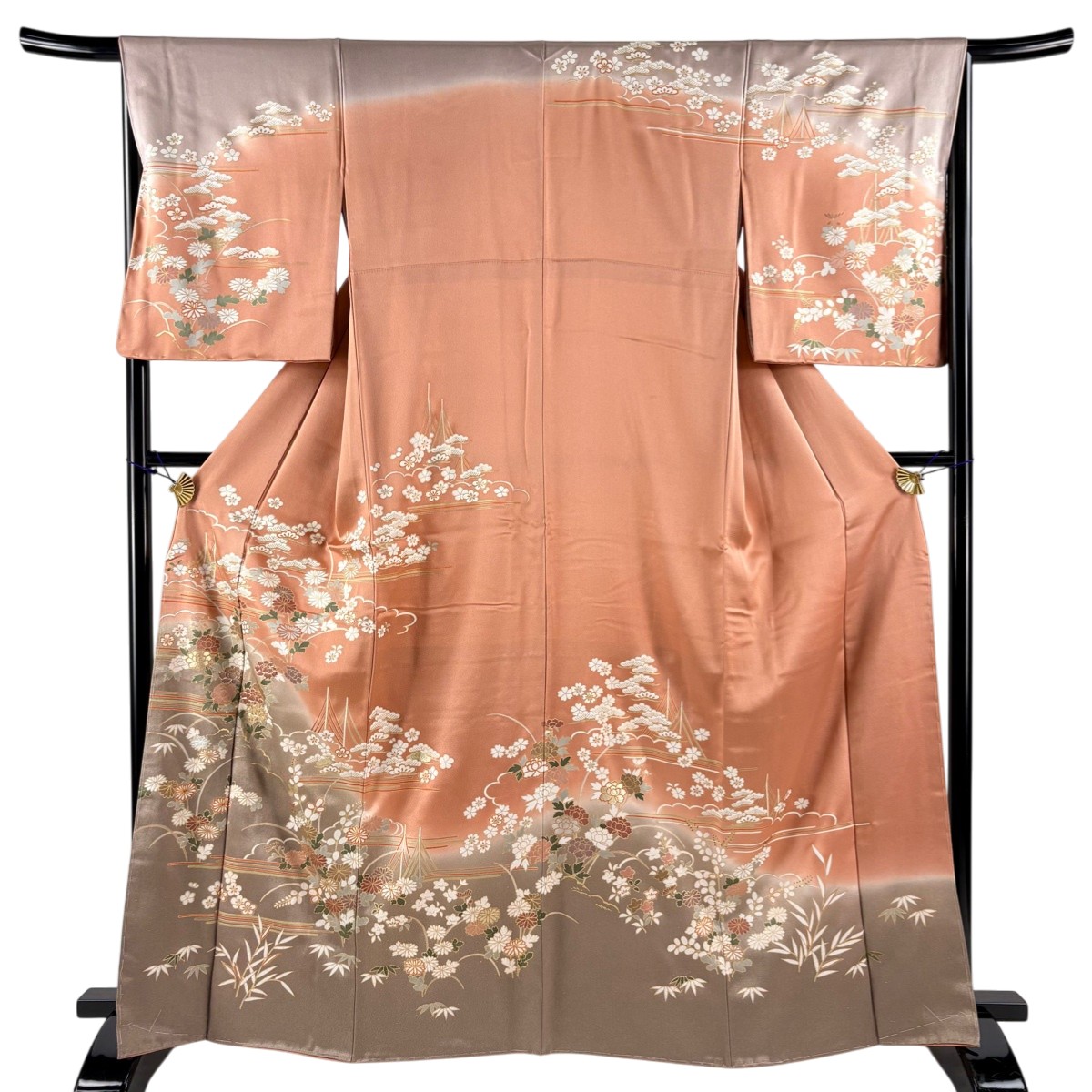 訪問着 身丈165cm 裄丈66.5cm M 袷 牡丹 雲文 金糸 金銀彩 灰茶 正絹 秀品 【中古】 msp30