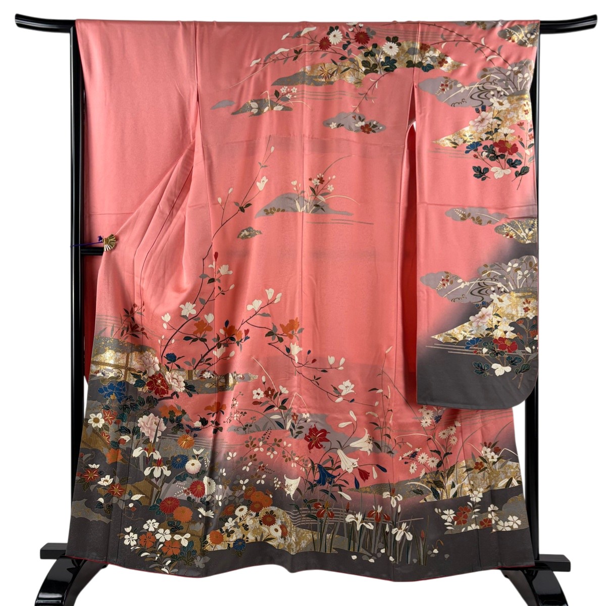 振袖 身丈160cm 裄丈67cm M 袷 草花 霞 金糸 金銀彩 ピンク 正絹 秀品 【中古】 msp30