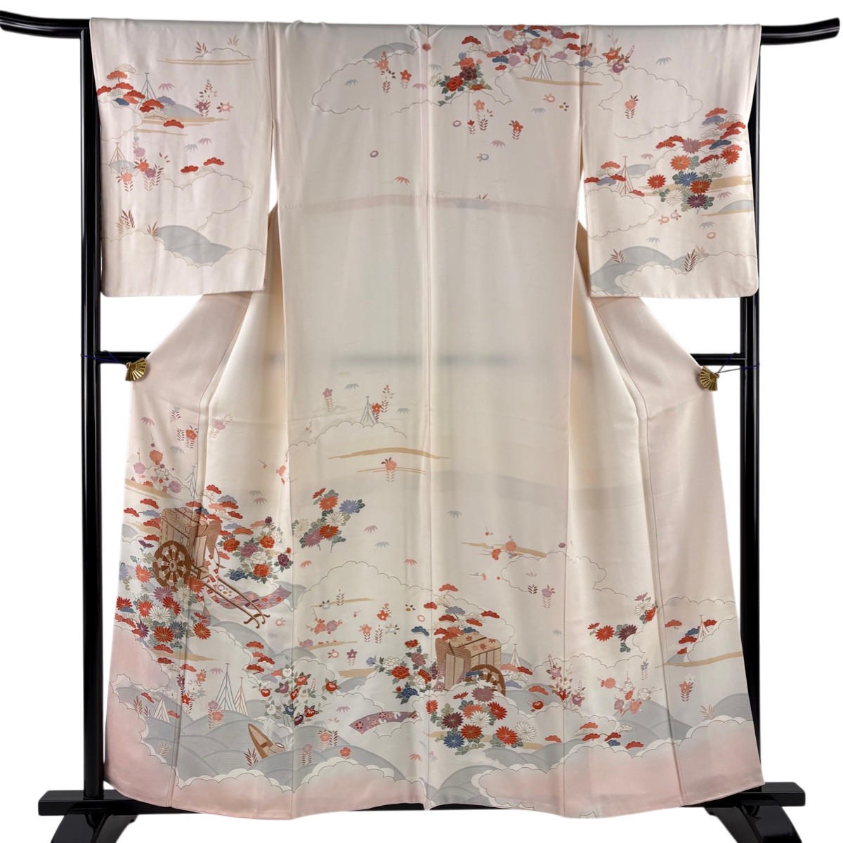 訪問着 身丈158.5cm 裄丈65.5cm M 袷 御所車 草花 金彩 ピンクベージュ 正絹 秀品 【中古】 msp30