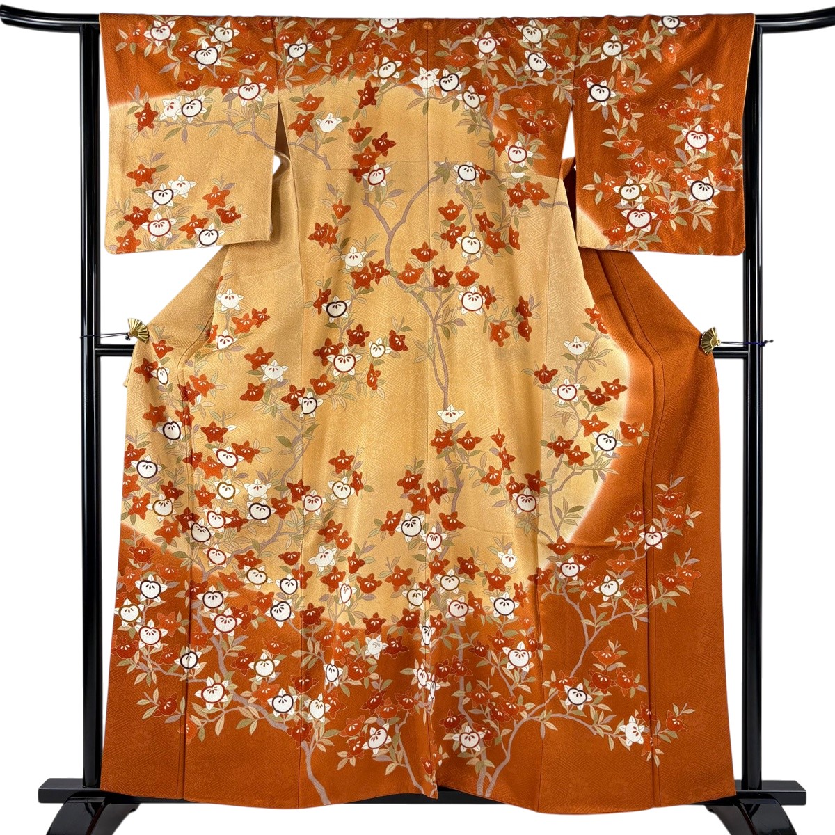 【美品】 訪問着 身丈160.5cm 裄丈65.5cm M 袷 橘 金糸 金彩 薄オレンジ 正絹 秀品 一つ紋 【中古】