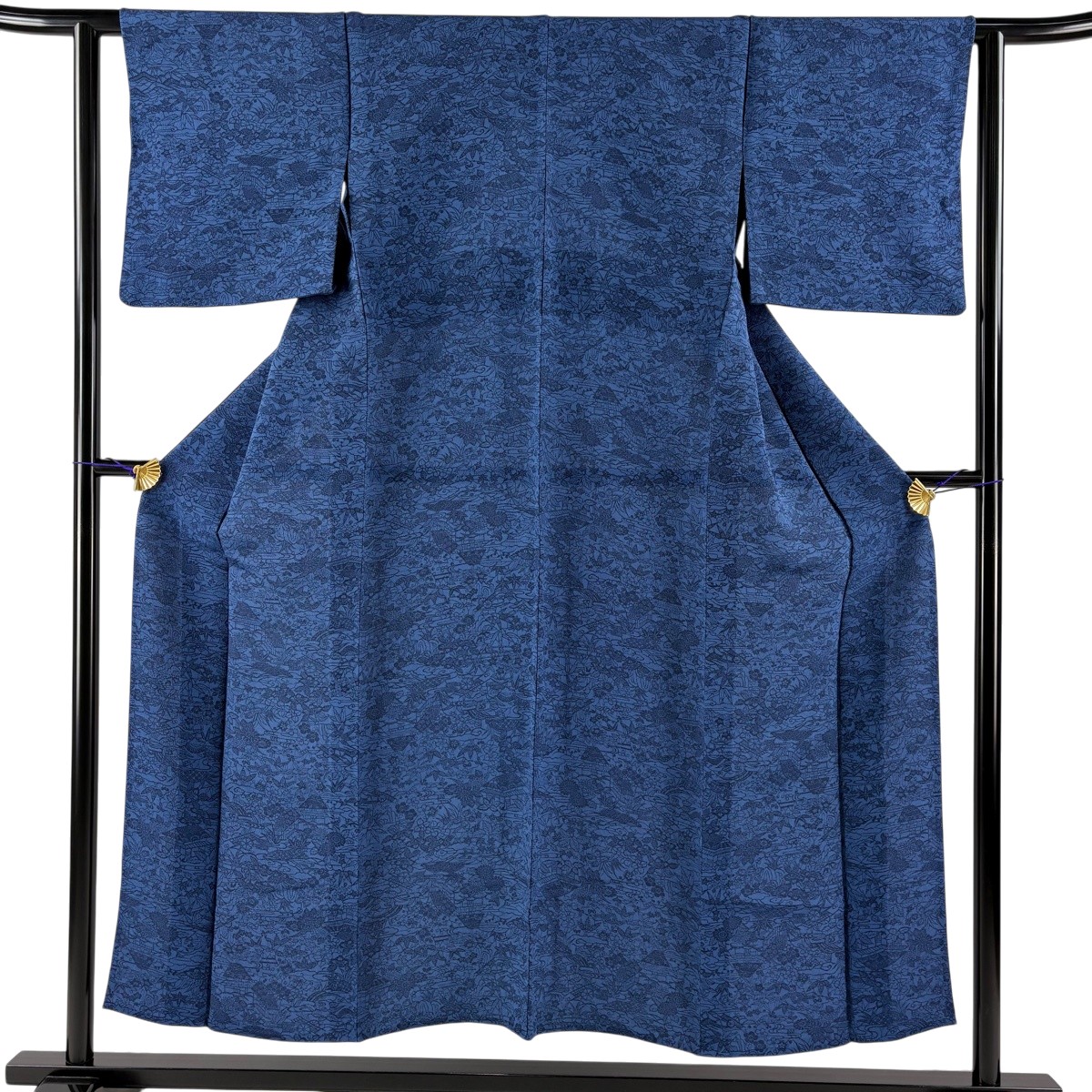 【美品】 小紋 身丈152.5cm 裄丈62cm S 単衣 家屋 梅 縮緬 藍色 正絹 秀品 【中古】