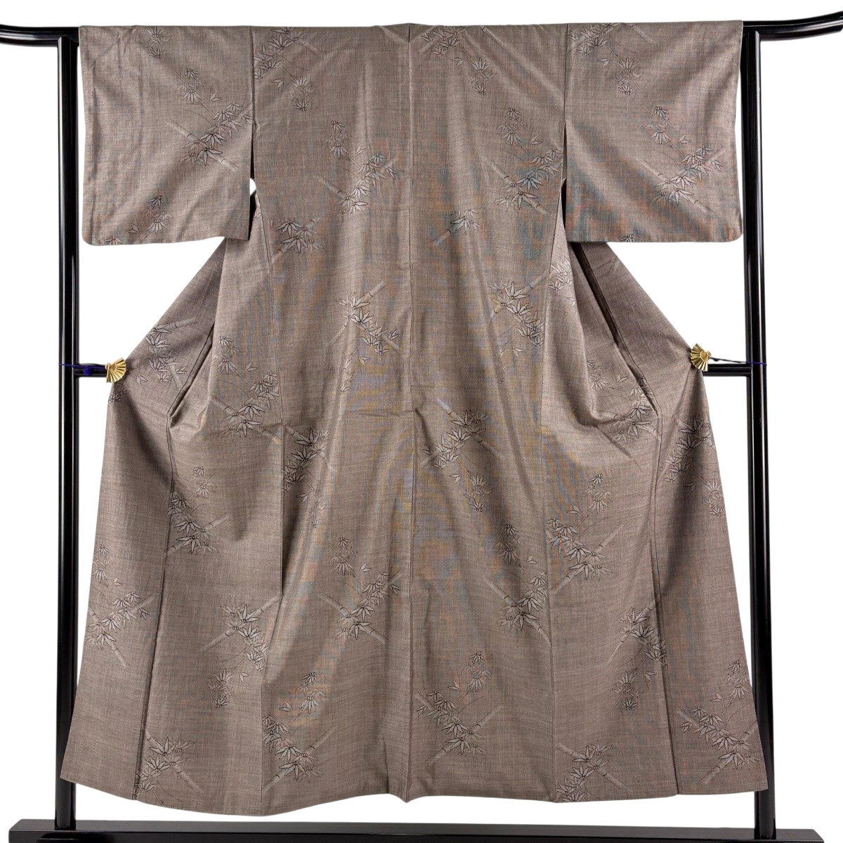 【美品】 紬 身丈152.5cm 裄丈63cm S 袷 笹 焦茶色 正絹 秀品 【中古】 msp30