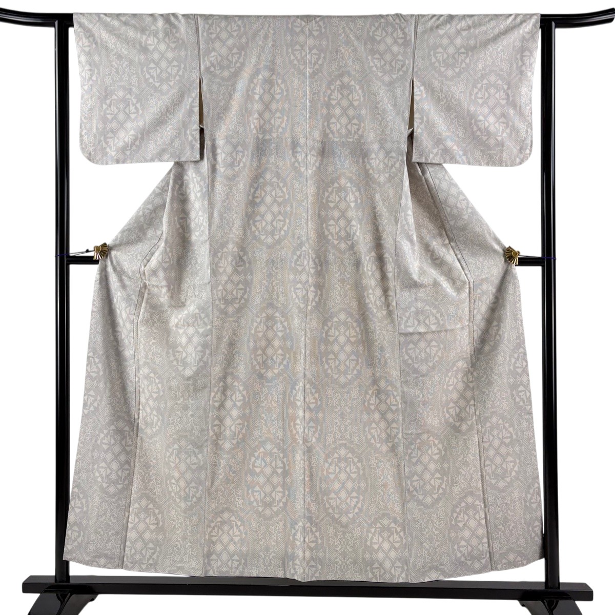 紬 身丈156cm 裄丈62cm S 袷 幾何学模様 灰白 正絹 秀品 【中古】 4,828円