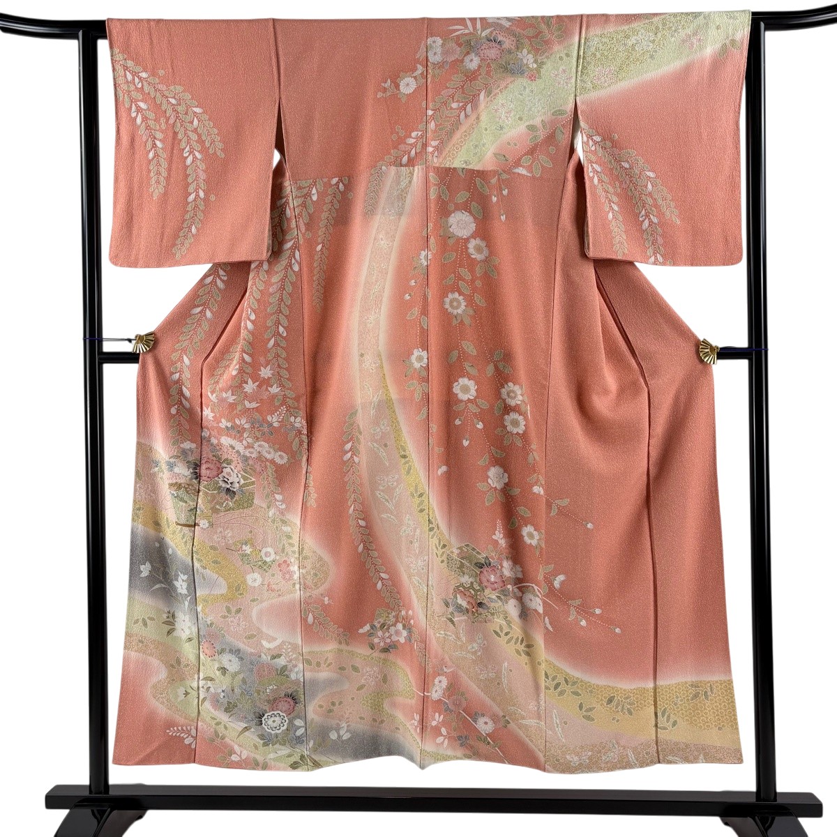 訪問着 身丈151.5cm 裄丈62.5cm S 袷 檜扇 牡丹 金彩 ぼかし サーモンピンク 正絹 秀品 【中古】 msp30