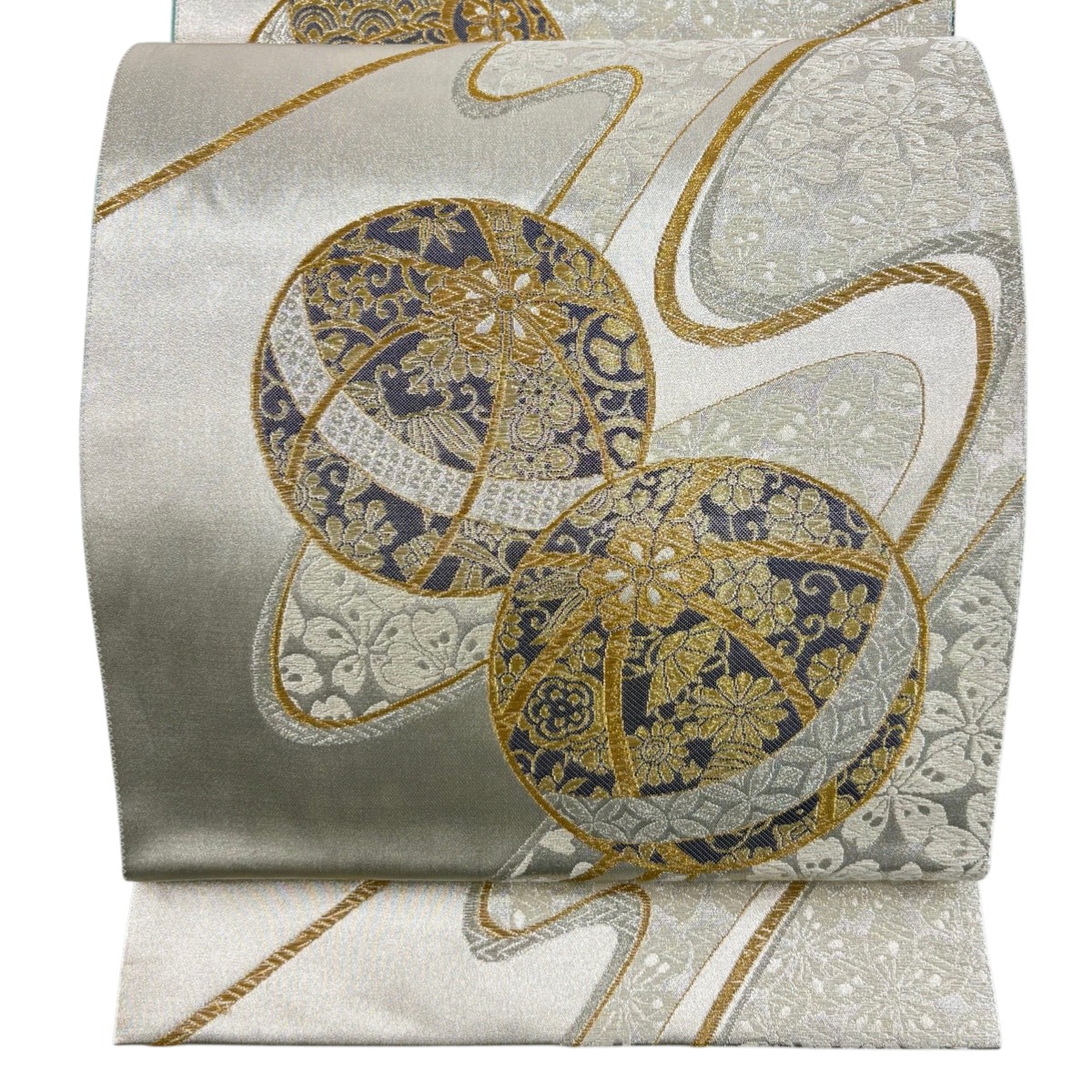 【美品】 袋帯 秀品 鞠 桜 金銀糸 箔 銀色 六通 正絹 【中古】