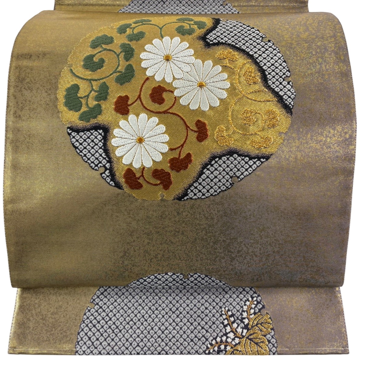 【美品】 袋帯 秀品 雪輪 菊唐草 金糸 箔 金色 六通 正絹 【中古】