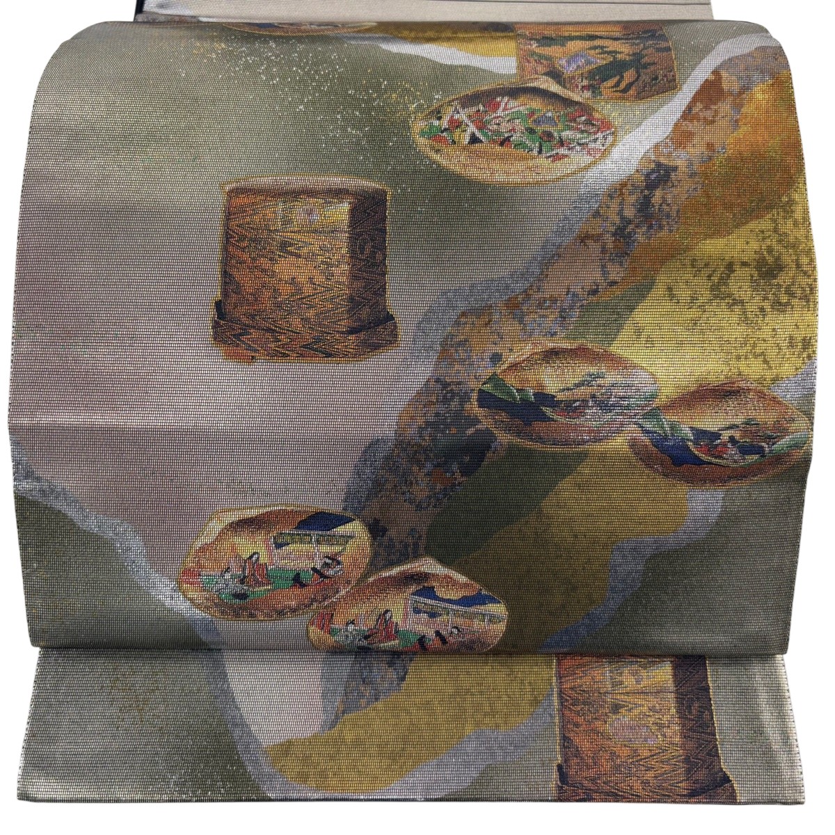 【美品】 袋帯 秀品 貝合わせ 道長取り 螺鈿箔 箔 灰緑 お太鼓柄 正絹 【中古】