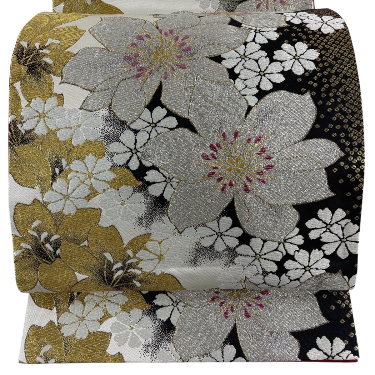 【美品】 袋帯 秀品 花 疋田柄 金銀糸 箔 黒 六通 正絹 【中古】