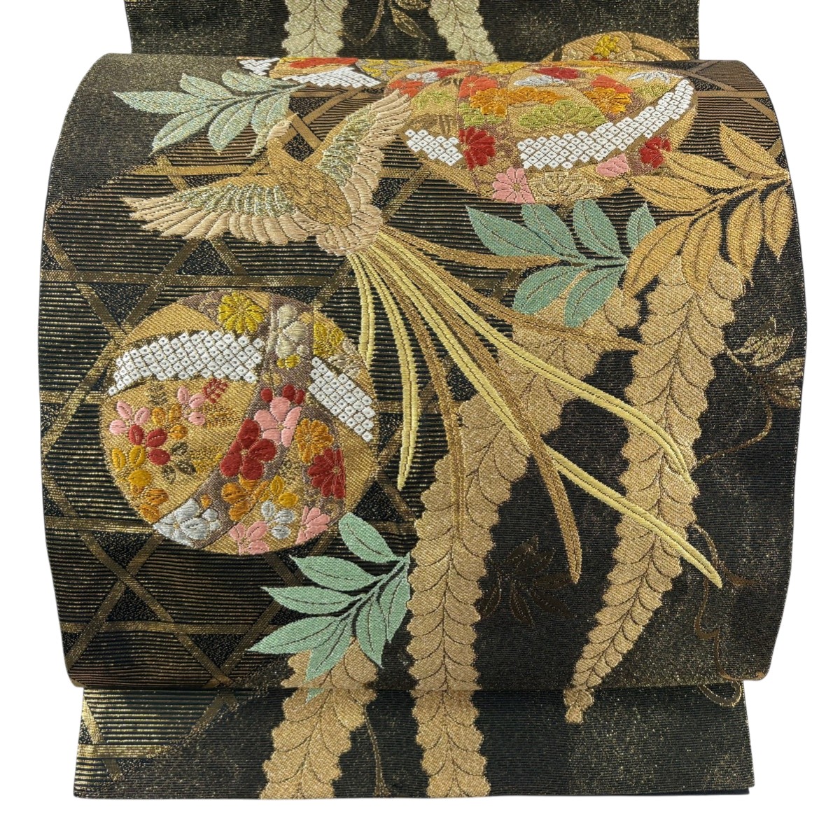 【美品】 袋帯 秀品 尾長鳥 手鞠 金銀糸 唐織 金茶 六通 正絹 【中古】
