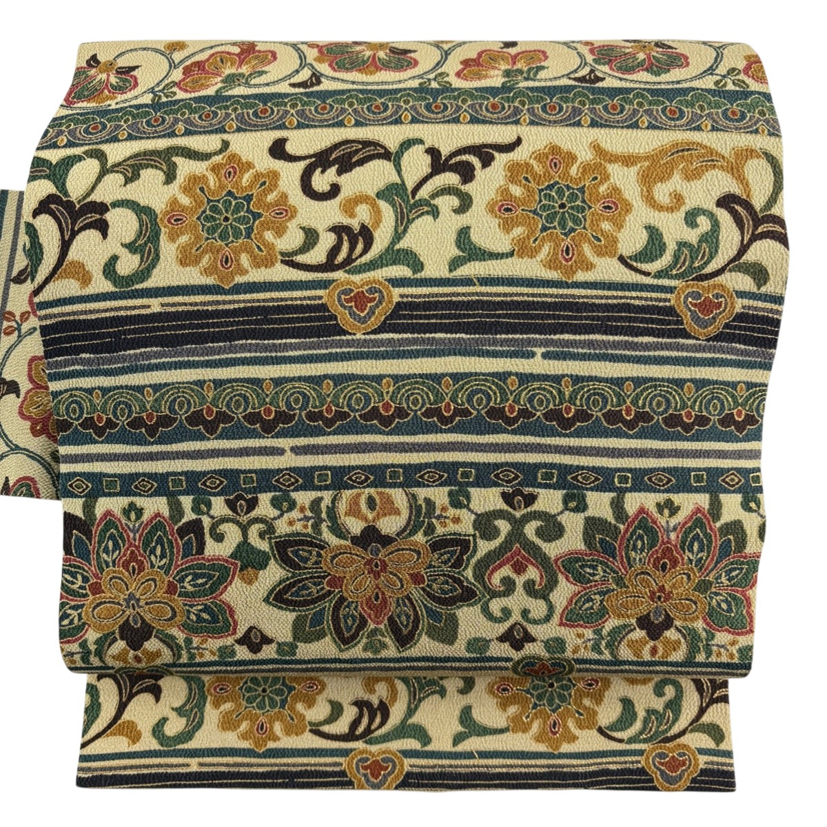 【美品】 名古屋帯 秀品 花唐草 段縞 金彩 縮緬 抹茶色 正絹 【中古】