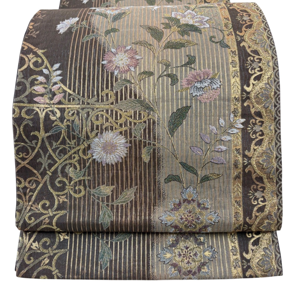 【美品】 袋帯 秀品 草花 縞 金銀糸 箔 焦茶色 六通 正絹 【中古】