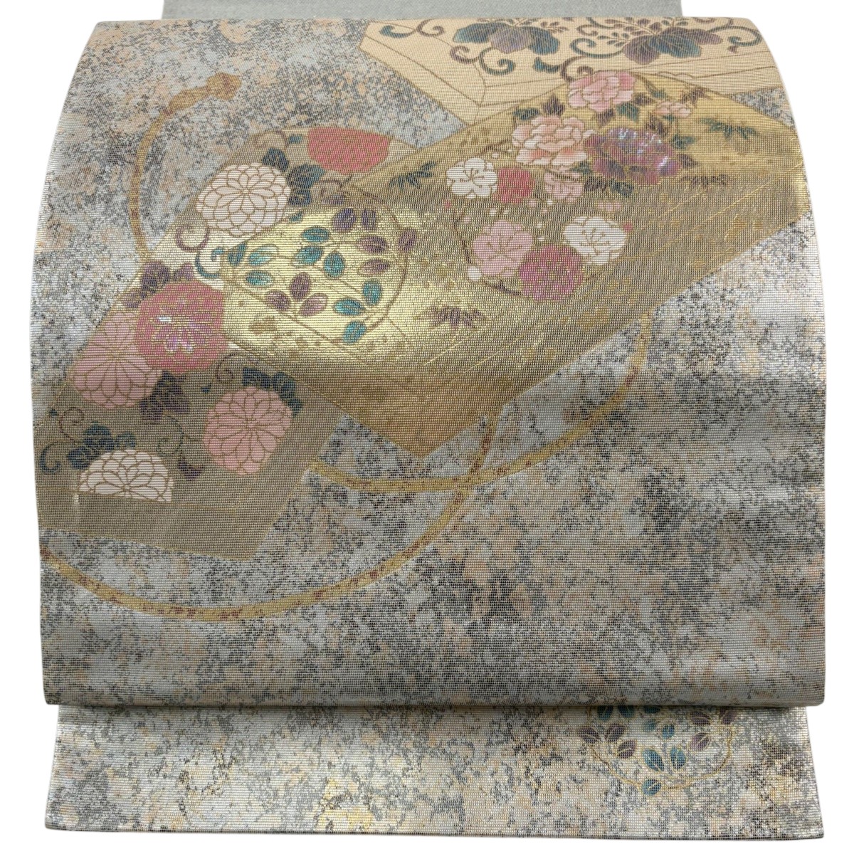 袋帯 秀品 文箱 草花 蒔絵螺鈿織 銀色 お太鼓柄 正絹 お太鼓柄 袋帯