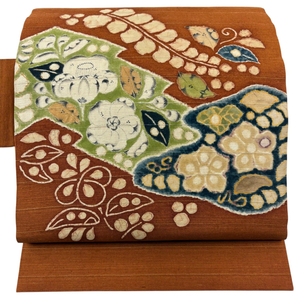 名古屋帯 秀品 紬地 辻が花柄 霞 茶色 正絹 【中古】