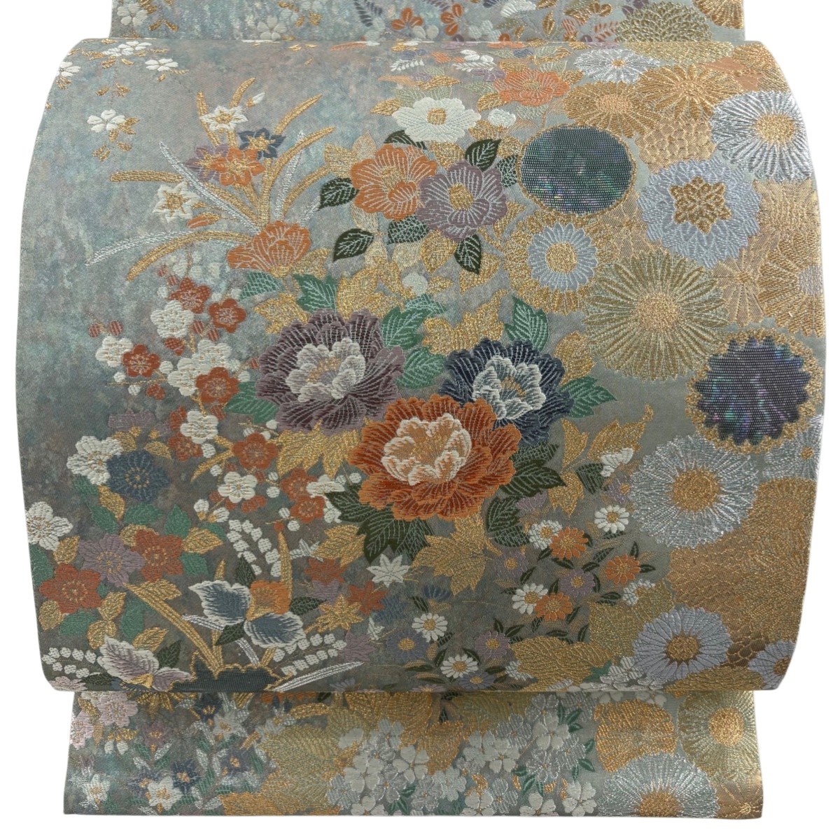 【美品】 袋帯 秀品 牡丹 草花 金銀糸 箔 灰緑 六通 正絹 【中古】