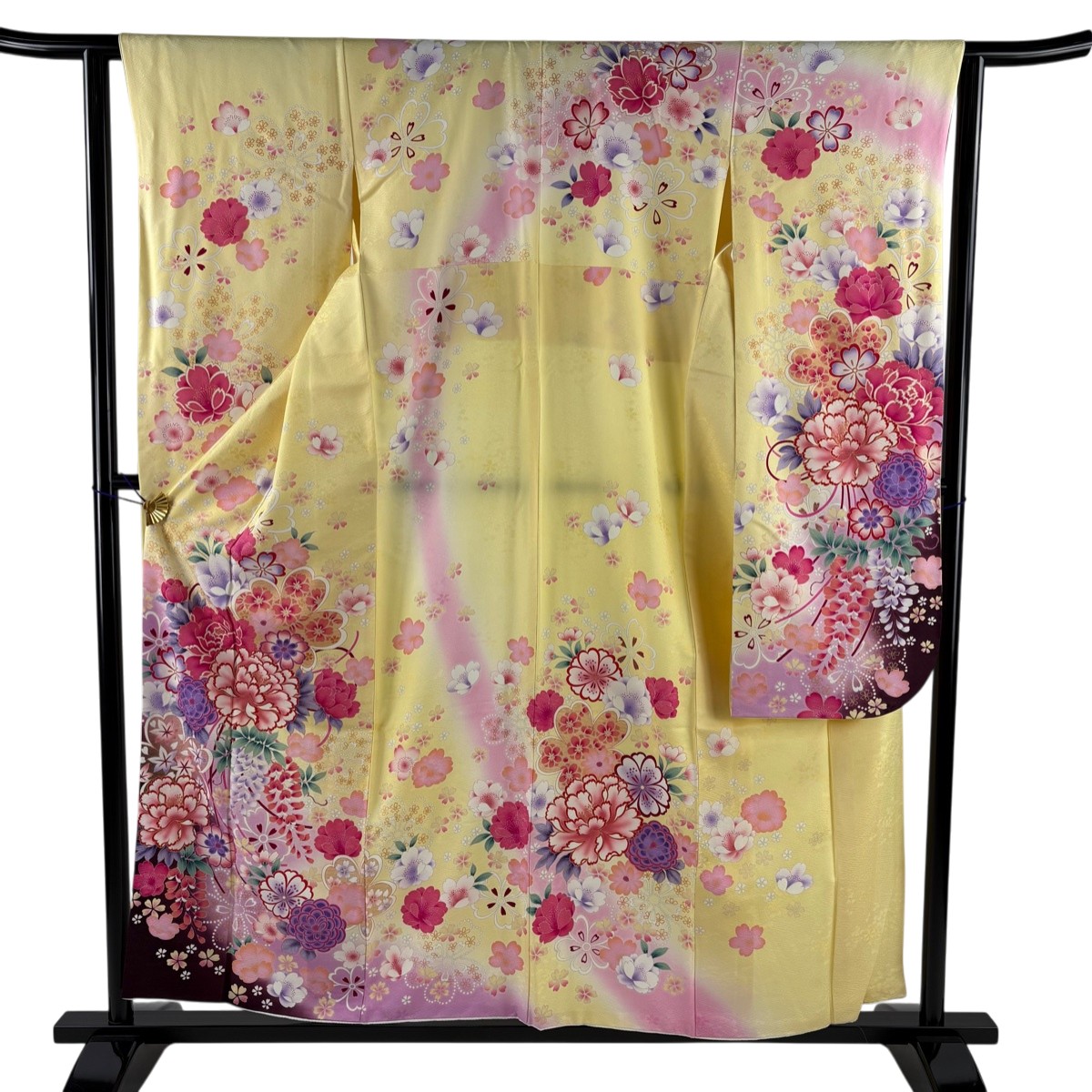 振袖 身丈157cm 裄丈62.5cm S 袷 牡丹 花束 金彩 ぼかし 薄黄 正絹 名品 【中古】