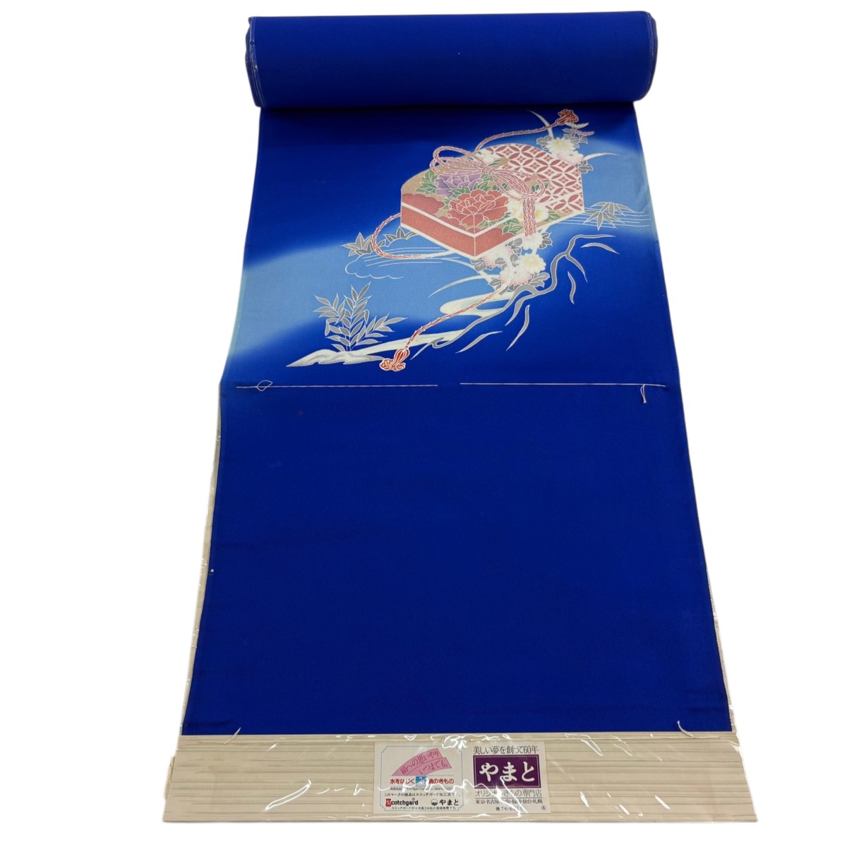 反物 秀品 付下げ 文箱 草花 銀彩 ぼかし 青 正絹 【中古】