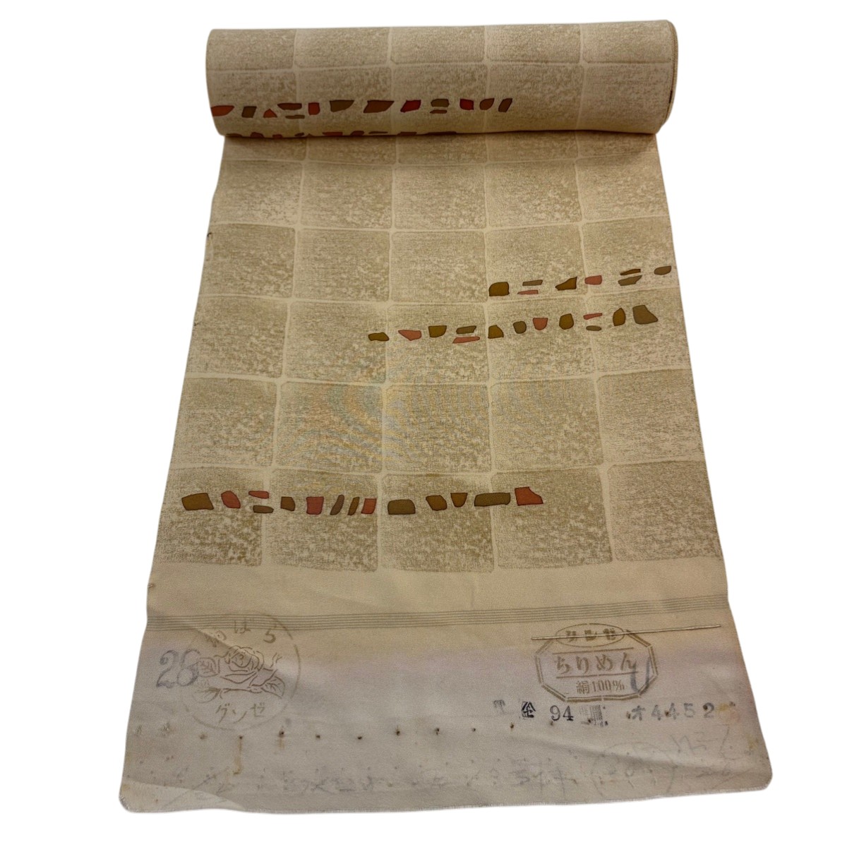反物 秀品 小紋 格子 幾何学 薄茶色 正絹 【中古】
