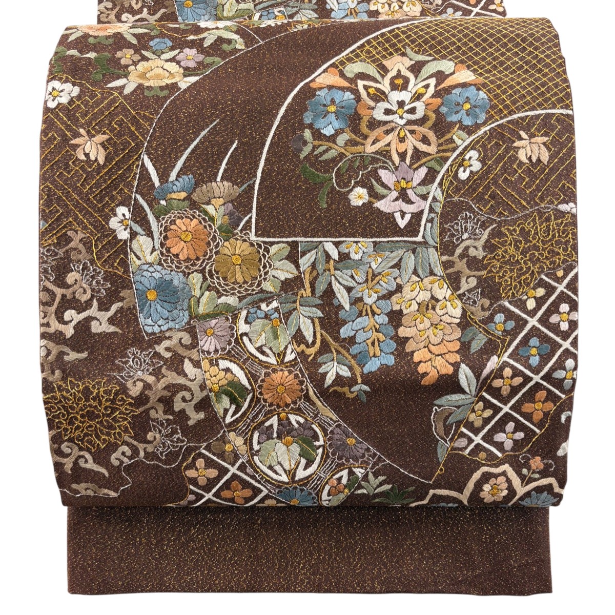 【美品】 袋帯 逸品 華文 扇面 金銀糸 刺繍 茶色 六通 正絹 【中古】