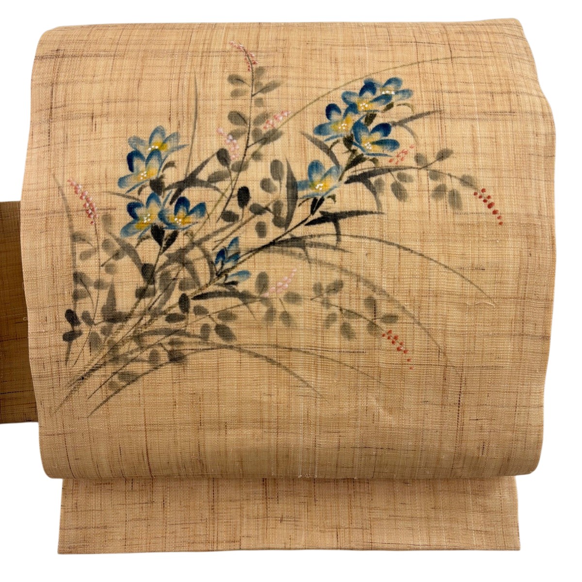 名古屋帯 逸品 落款あり 夏帯 草花 薄茶色 麻 【中古】