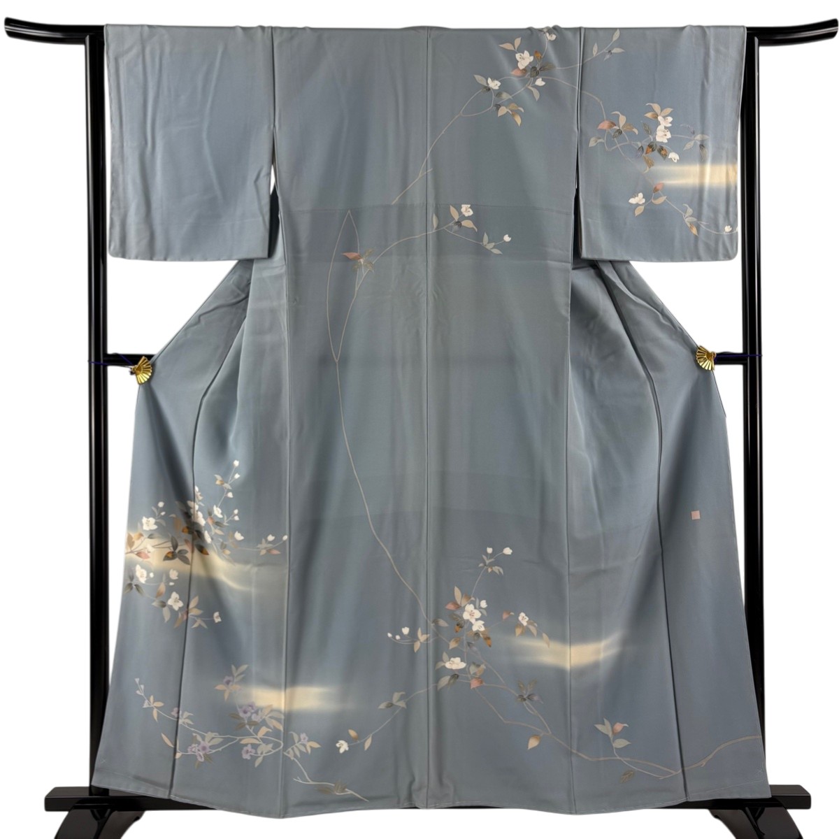 訪問着 身丈158.5cm 裄丈63.5cm S 袷 落款あり 枝花 霞 ぼかし 青灰色 正絹 秀品 【中古】 msp30