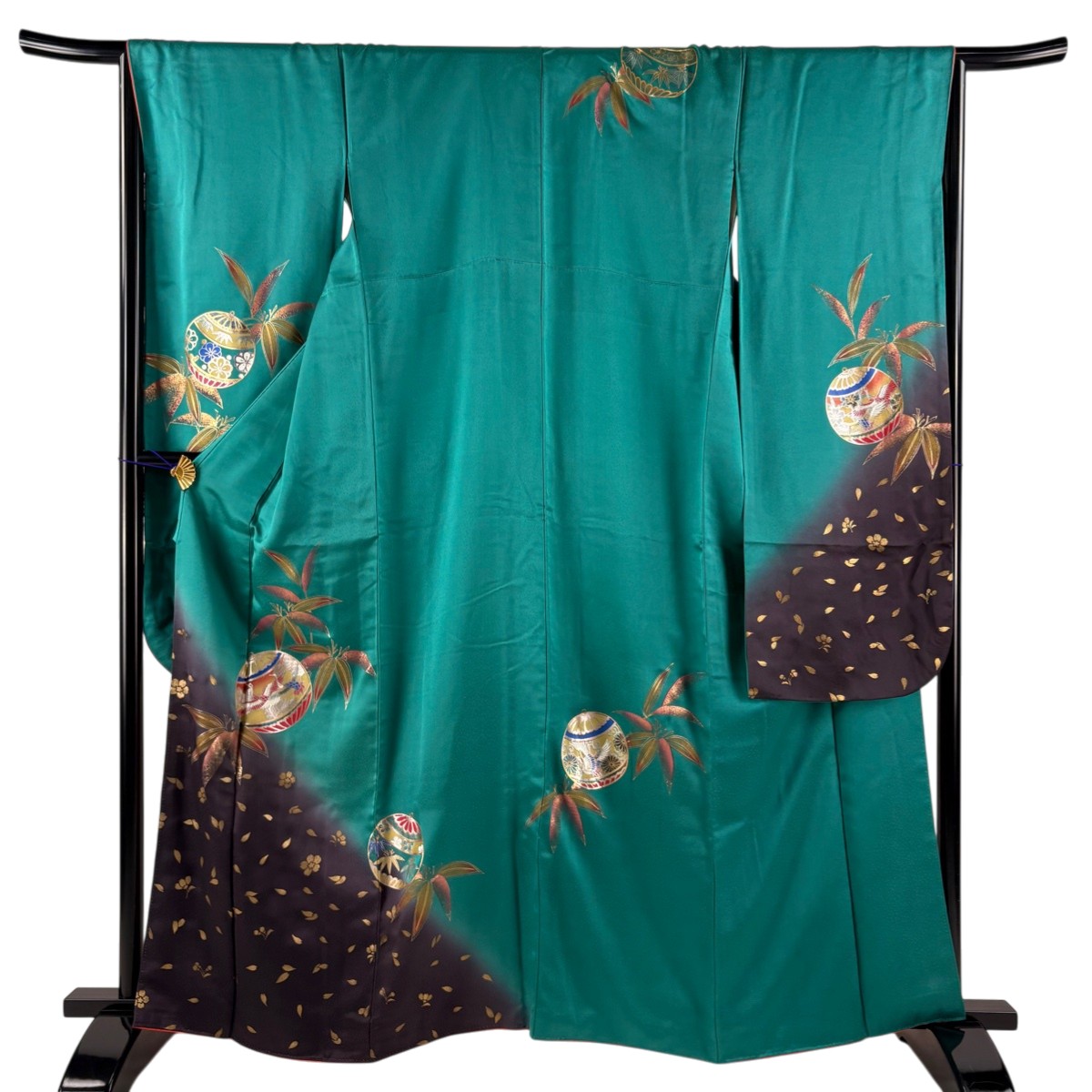 振袖 身丈163cm 裄丈66cm M 袷 笹 鶴 金銀彩 ぼかし 緑 正絹 秀品 【中古】 msp30