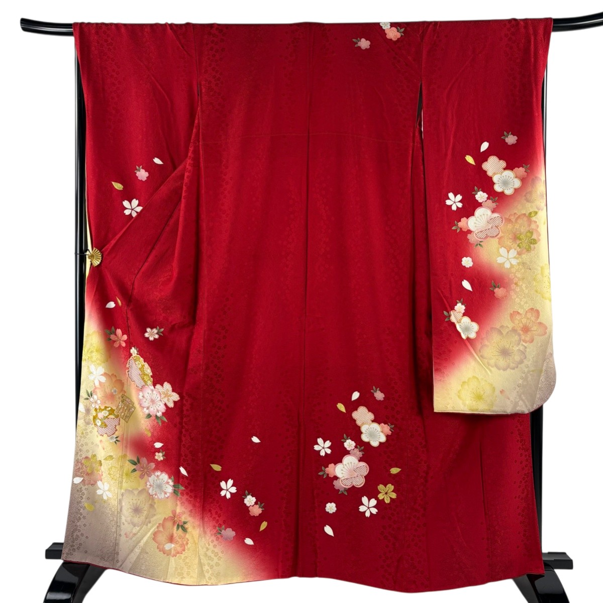 振袖 身丈163.5cm 裄丈68.5cm L 袷 桜 雪輪 箔 金彩 赤 正絹 秀品 【中古】 msp30