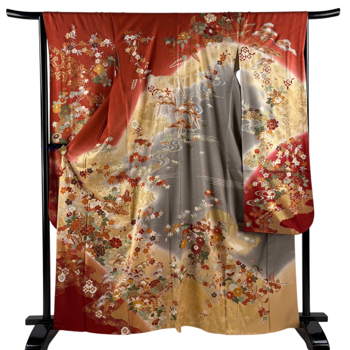 振袖 身丈160cm 裄丈68cm L 袷 草花 流水 金糸 金彩 朱色 正絹 秀品 【中古】 msp30