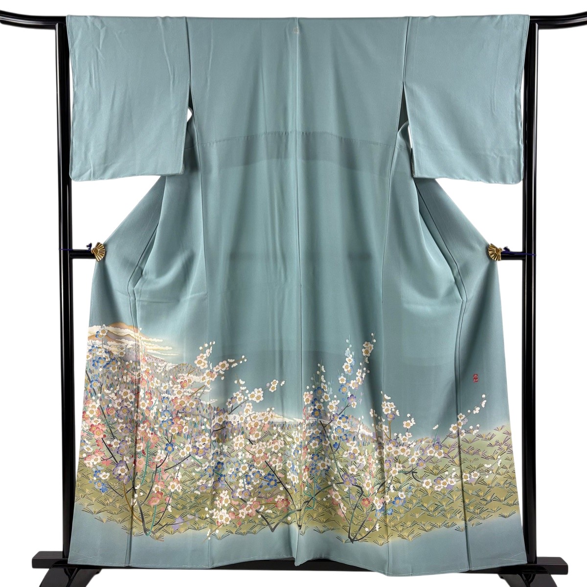 色留袖 身丈158.5cm 裄丈64cm M 袷 落款あり 枝梅 松 ぼかし 青灰色 正絹 秀品 一つ紋 【中古】