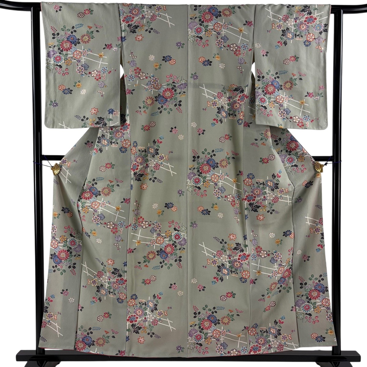 【美品】 小紋 身丈157.5cm 裄丈61cm S 袷 菊 枝梅 金彩 灰緑 正絹 秀品 【中古】 msp30