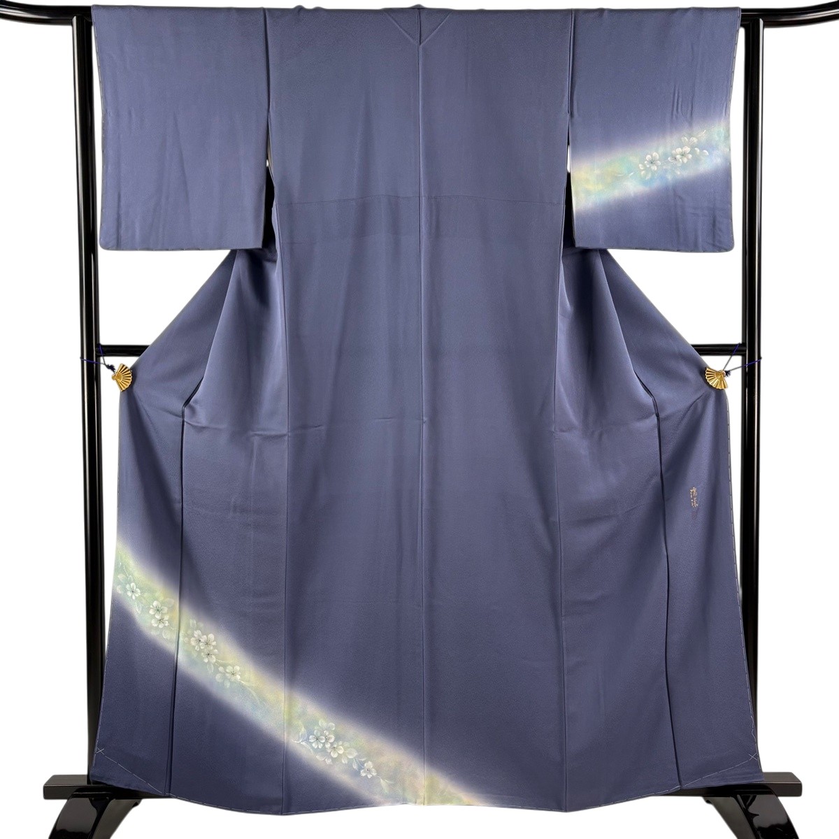 付下げ 身丈160.5cm 裄丈62cm S 袷 落款あり 草花 ぼかし 青灰色 正絹 秀品 【中古】