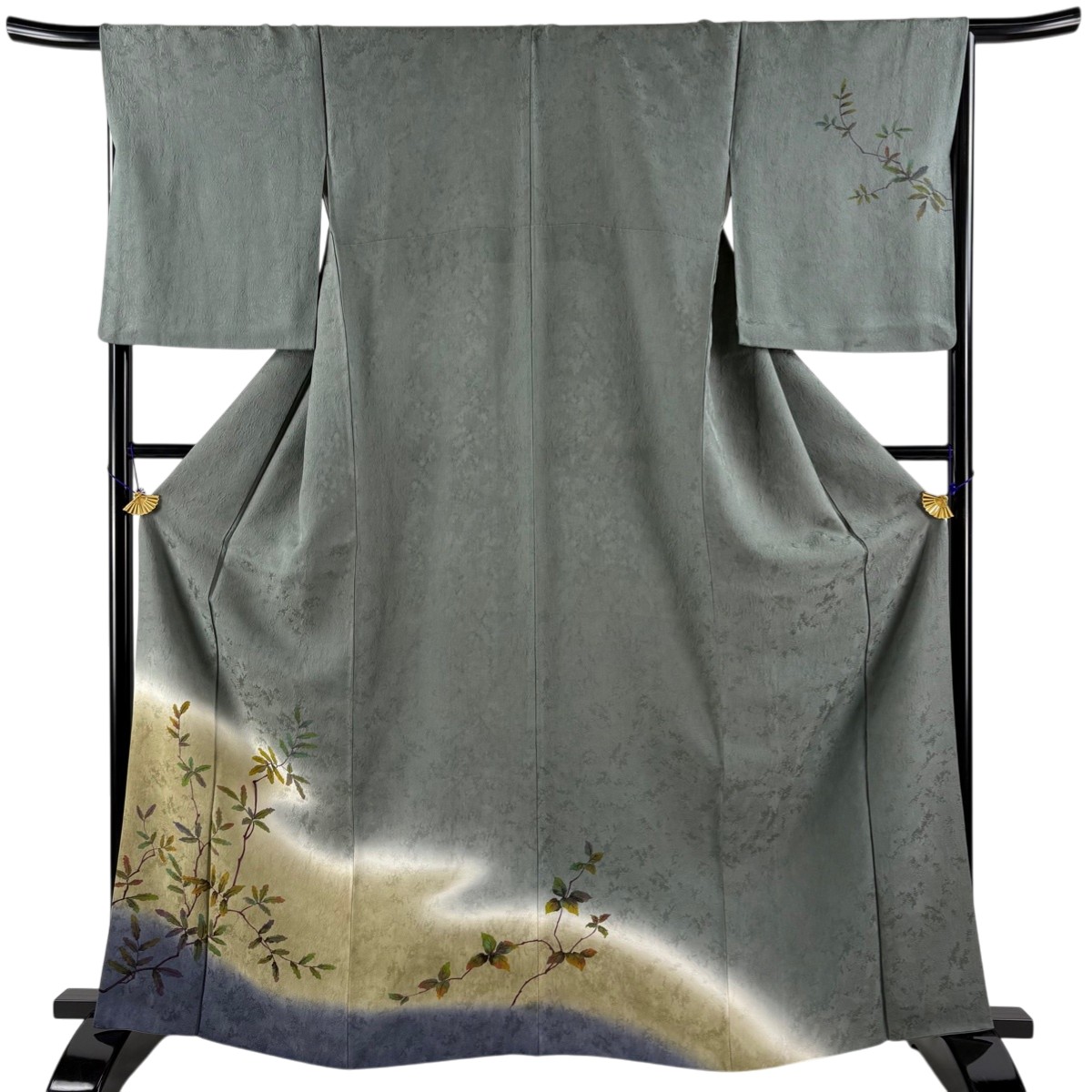 付下げ 身丈164cm 裄丈67.5cm L 袷 枝葉 霞 染め分け ぼかし 灰緑 正絹 秀品 【中古】