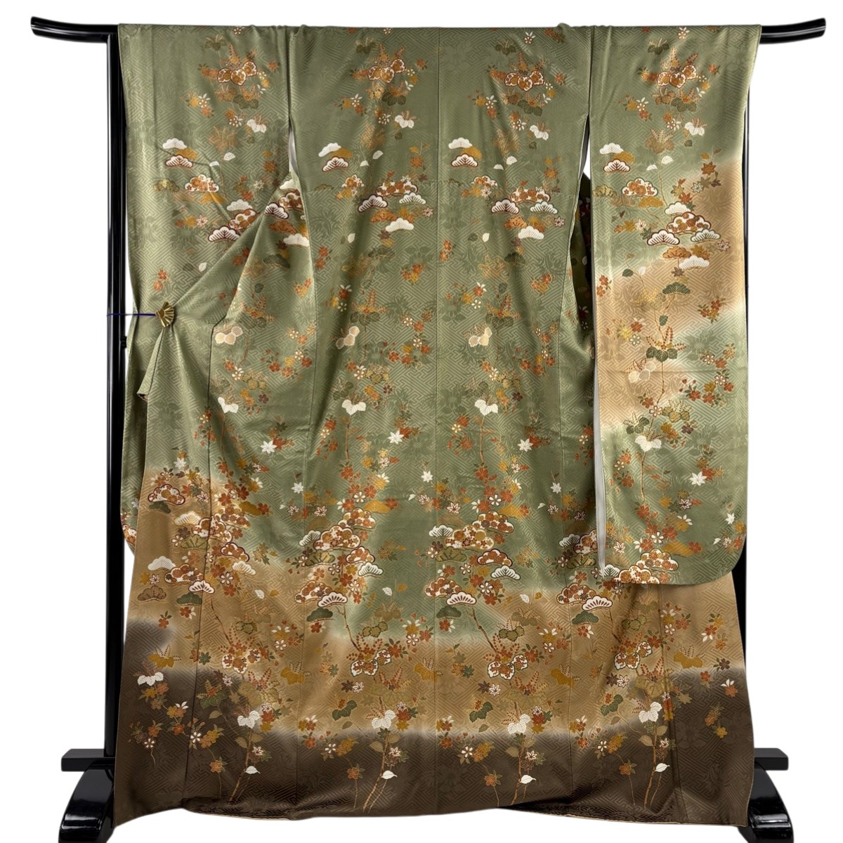 【美品】 振袖 身丈171cm 裄丈68cm L 袷 笠松 桜 金彩 ぼかし 灰緑 正絹 秀品 一つ紋 【中古】